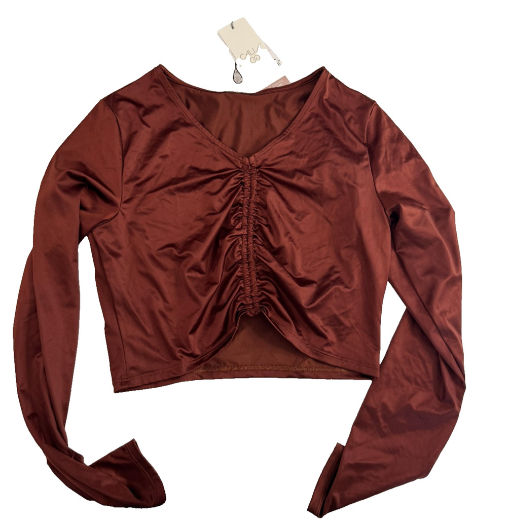CALIA Women's Long Sleeve Ruched Rash Guard Swim Size XS Red Brown Shine NWT